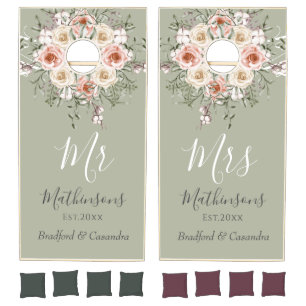 Beige Floral BOHO Wedding  Mr Mrs  Monogram  Names Cornhole Set