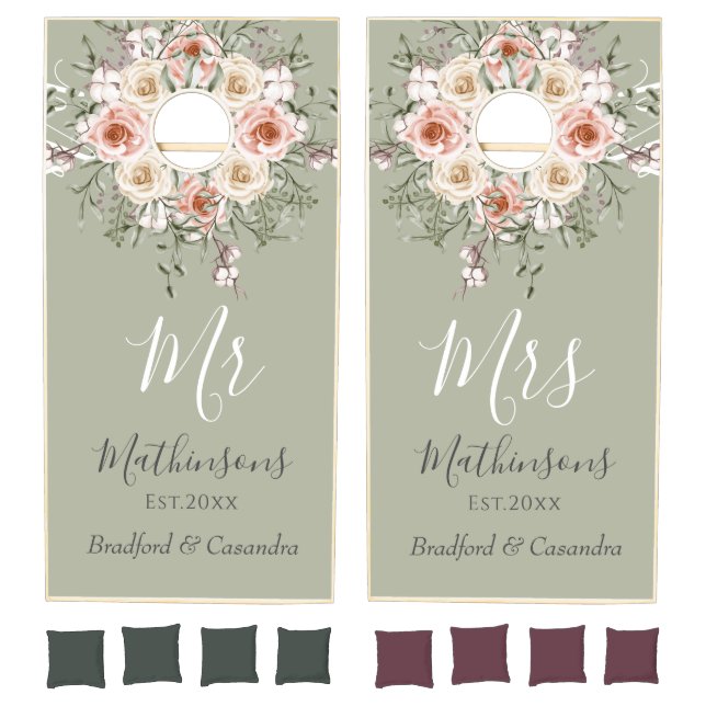 Beige Floral BOHO Wedding  Mr Mrs  Monogram  Names Cornhole Set (Set)