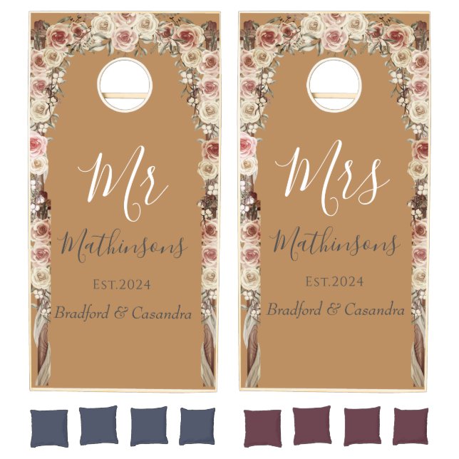 Beige Floral BOHO Wedding  Mr Mrs  Monogram  Names Cornhole Set (Set)