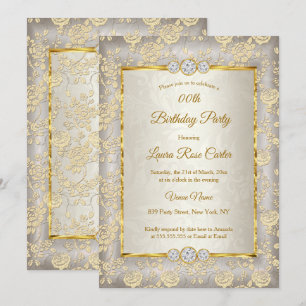 Beige floral Damask rose Gold Birthday Party Invitation