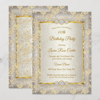 Beige floral Damask rose Gold Birthday Party Invitation
