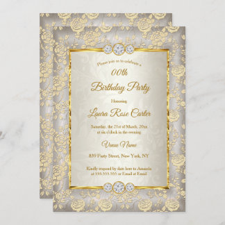Beige floral Damask rose Gold Birthday Party Invitation