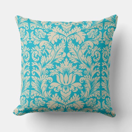 Beige Floral Damasks With Aqua Blue Background Throw Pillow