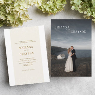 Beige Floral Elegant Minimalist Photo Back Wedding Invitation