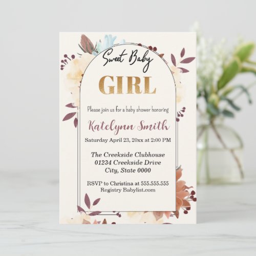 Beige Floral elegant sweet baby girl baby shower Invitation