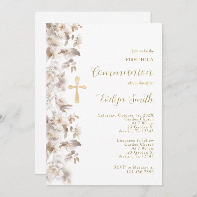 Beige floral First Communion Invitation (Front/Back)