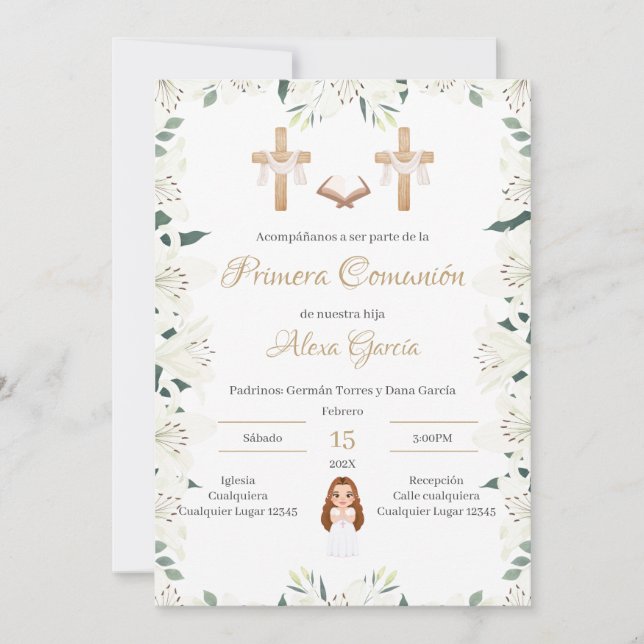 Beige floral First Communion Invitation (Front)