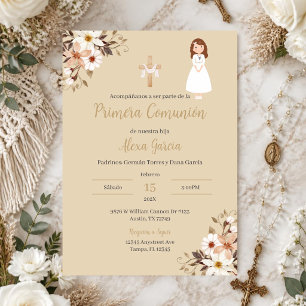 Beige floral First Communion Invitation