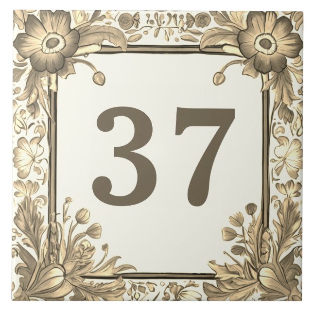 Beige Floral Flowers Custom House Number Sign Ceramic Tile (Front)