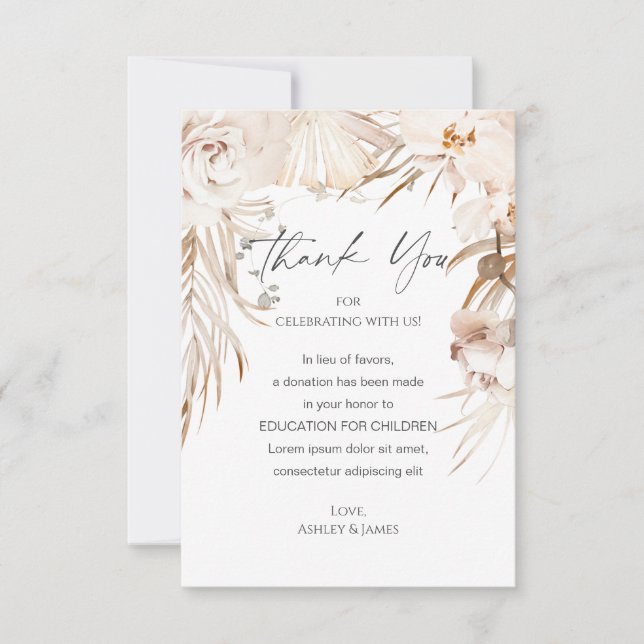 Beige floral garden wedding favor donation cards (Front)