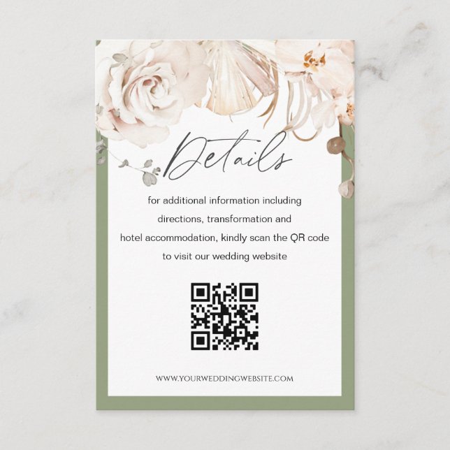 Beige floral garden wedding QR code detail card (Front)