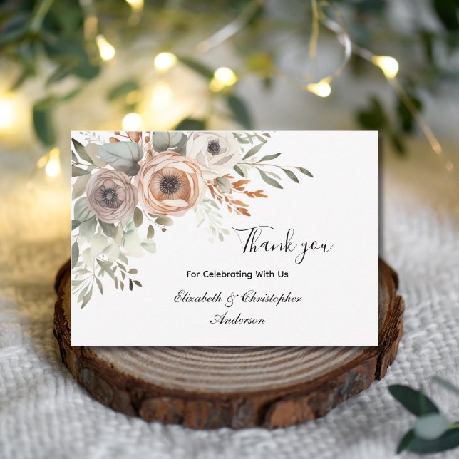 Beige Floral Greenery Botanical Wedding Thank you  (Beige White Greenery Watercolor Florals Flowers Neutral Colors Wedding Thank you cards)