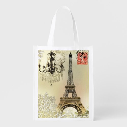 beige floral lace chandelier paris eiffel tower reusable grocery bag