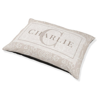 Beige Floral Line Art | Custom Monogram Dog Cat Pet Bed