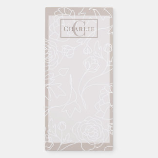 Beige Floral Line Art, Custom Monogram Dog Cat Pet Magnetic Notepad