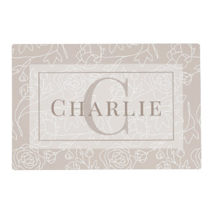 Beige Floral Line Art, Custom Monogram Dog Cat Pet Placemat