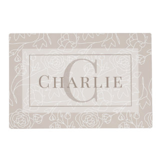 Beige Floral Line Art, Custom Monogram Dog Cat Pet Placemat