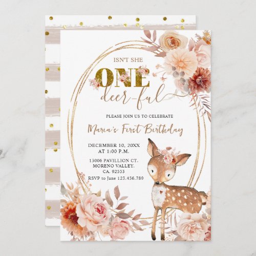 Beige Floral One Deer Ful Girl First Birthday Invitation