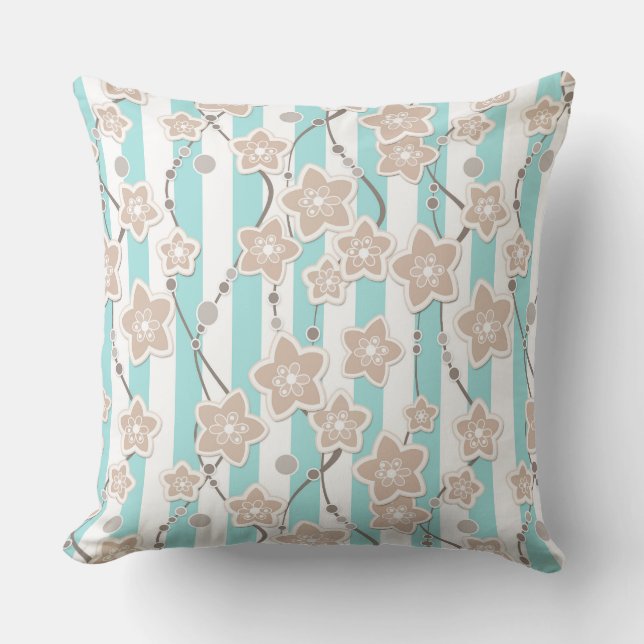 beige floral pattern on mint with white striped  throw pillow (Front)
