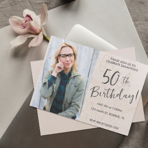 Beige Floral Photo 50th Birthday Invitation