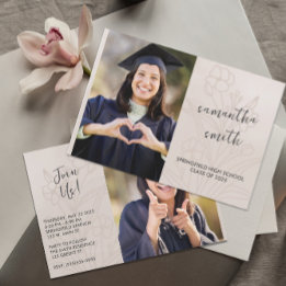 Beige Floral Photo Graduation Invitation