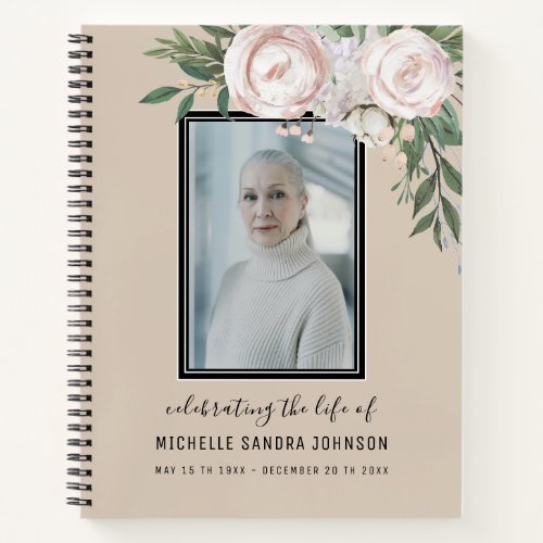 Beige Floral Photo Woman Memorial  Guest Book