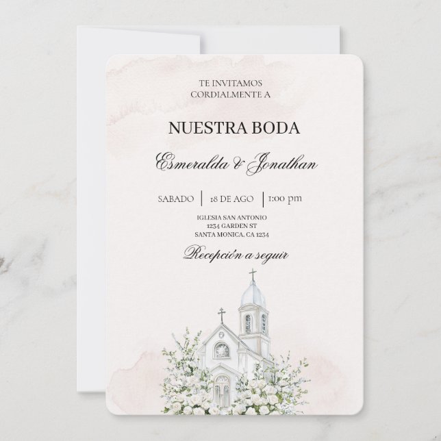 Beige Floral Spanish church Wedding Invitation (Front)