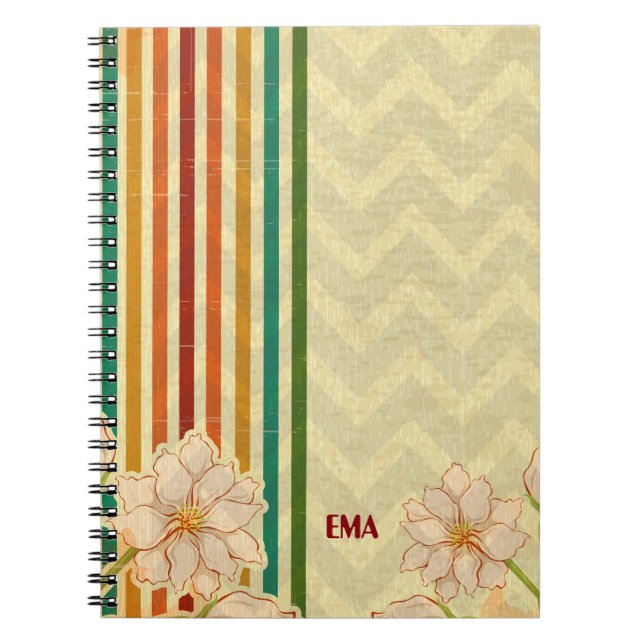 Beige Flowers Colorful Stripes Notebook (Front)