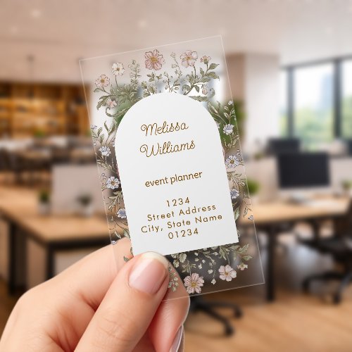beige flowers frame clear business cards