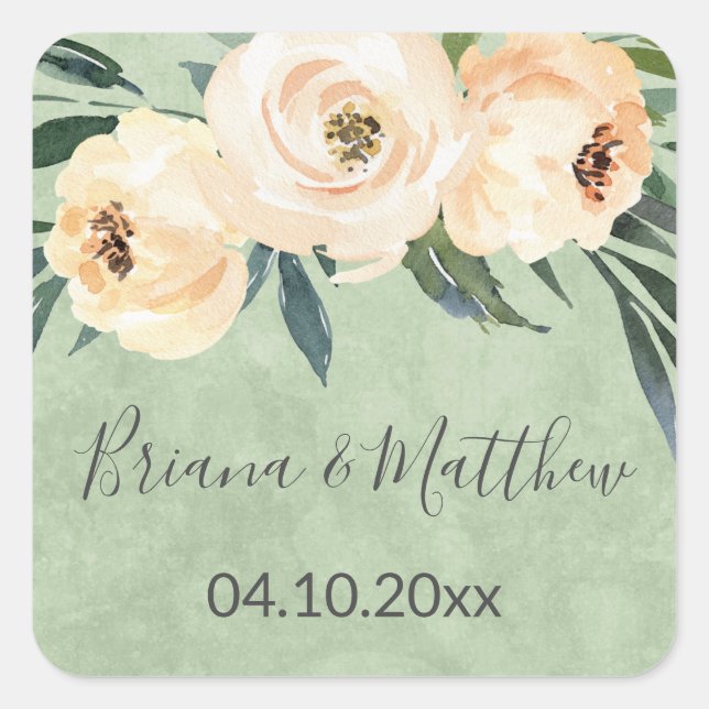 Beige Flowers Green Wedding Favors Square Sticker (Front)