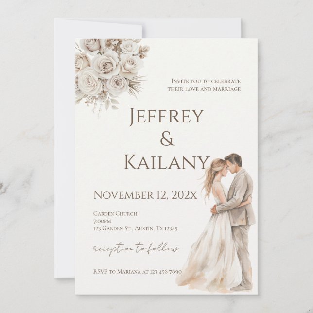 Beige Flowers Wedding Invitation (Front)