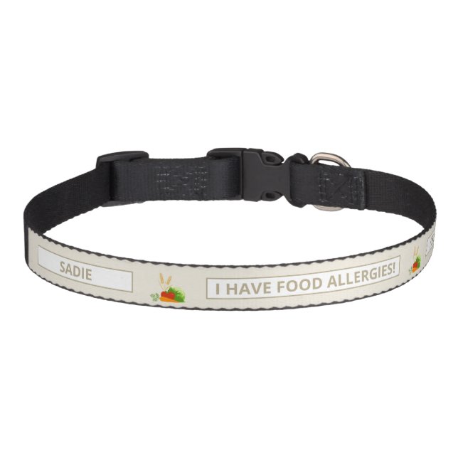 Beige Food Allergies Custom Info & Cartoon Foods Pet Collar (Front)