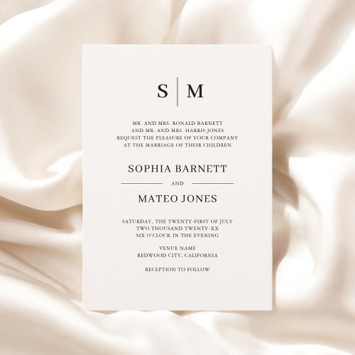 Beige Formal Traditional Monogram Wedding Invitation