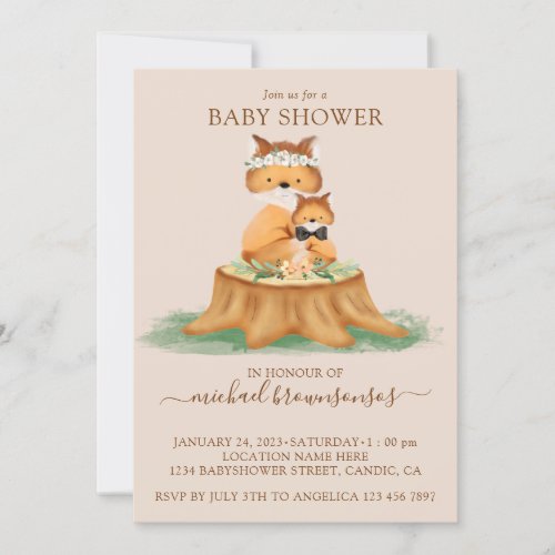 Beige Fox Watercolor Mom Baby Boy Shower Invitation