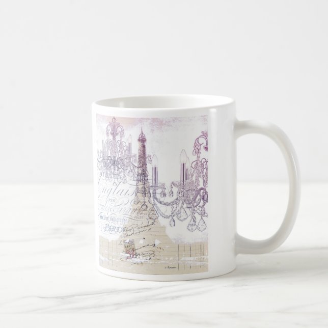 beige french scripts chandelier paris eiffel tower coffee mug (Right)