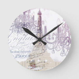 beige french scripts chandelier paris eiffel tower round clock