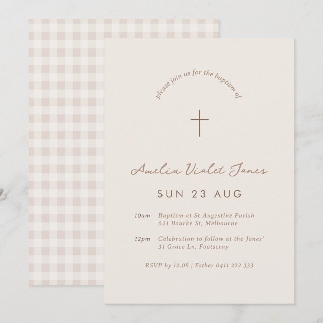Beige Gingham Baptism Christening Cross Invitation (Front/Back)