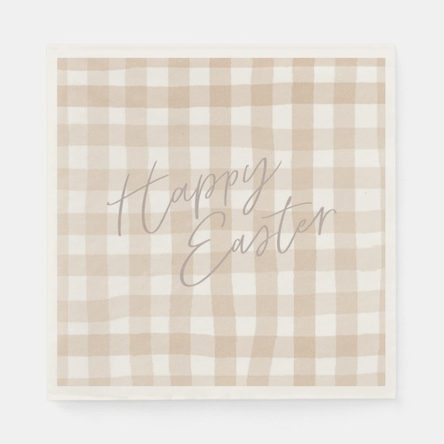 Beige gingham check pattern happy easter napkins (Front)