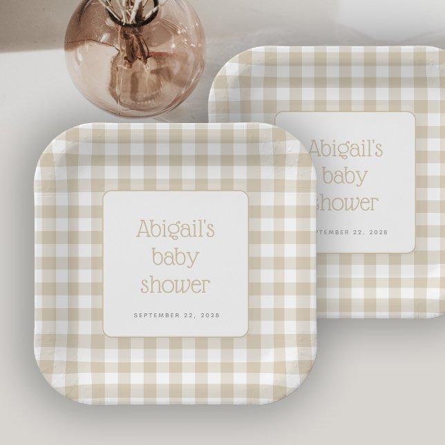 Beige Gingham Check Rustic Baby Shower Paper Plates (Creator Uploaded)