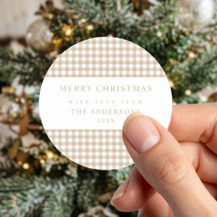 Beige Gingham Christmas Classic Round Sticker
