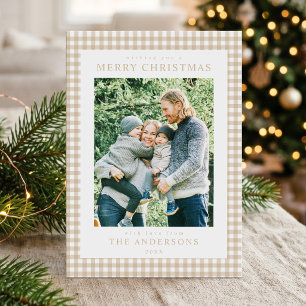 Beige Gingham Christmas Photo Holiday Card