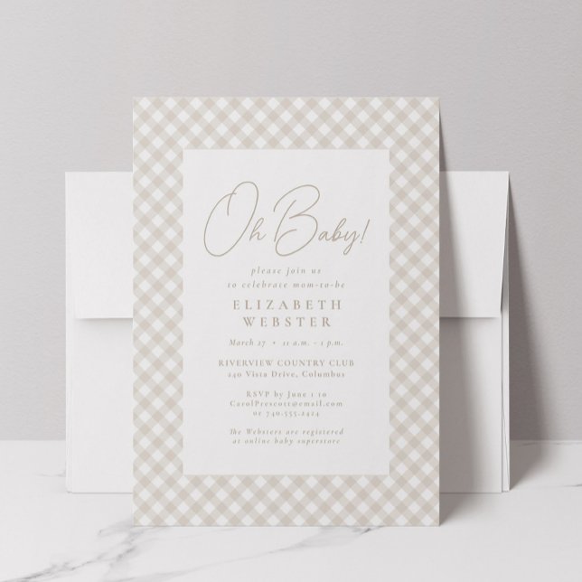 Beige gingham cute neutral Oh Baby baby shower Invitation (Creator Uploaded)
