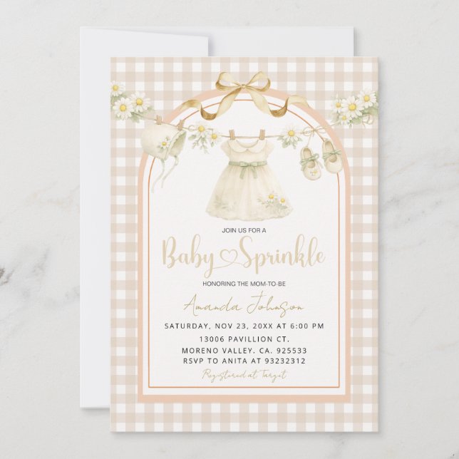 Beige Gingham Daisy Clothesline Baby Sprinkle  Invitation (Front)