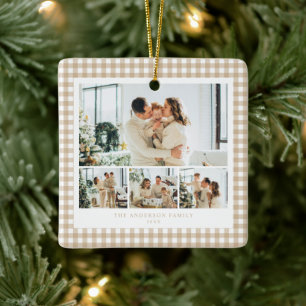 Beige Gingham Family Photo Collage Ceramic Ornament