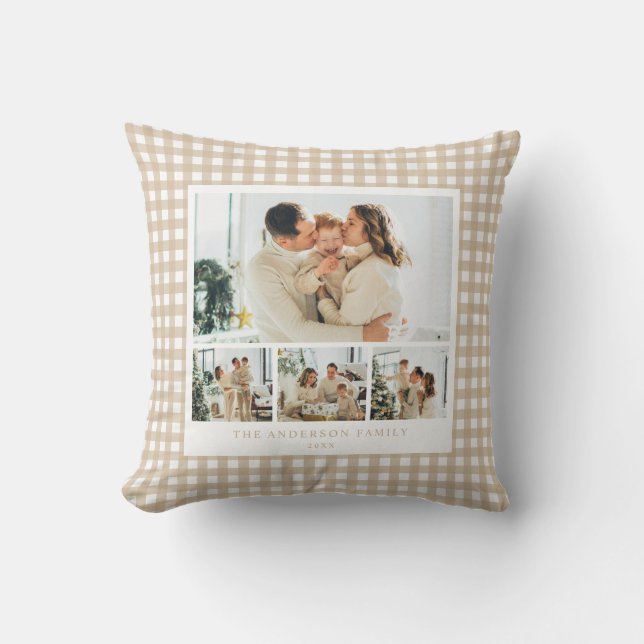 Beige Gingham Family Photo Collage Throw Pillow (Front)