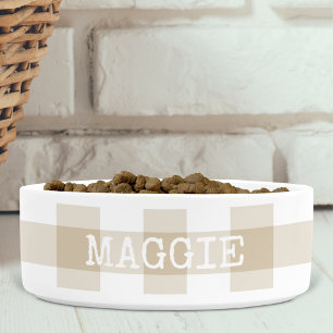 Beige Gingham Plaid Personalized Farmhouse Dog Bowl