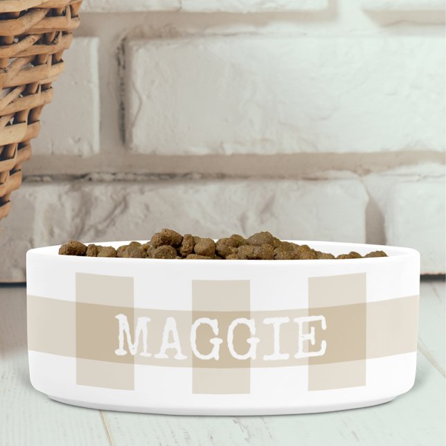Beige Gingham Plaid Personalized Farmhouse Dog Bowl (Creator Uploaded)