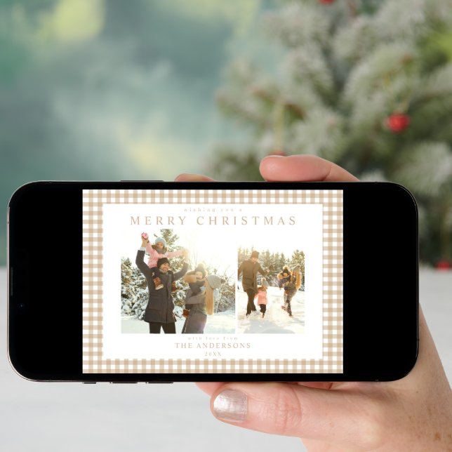 Beige Gingham Plaid Two Photo Holiday Card (Front Digital)