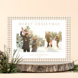 Beige Gingham Plaid Two Photo Holiday Card<br><div class="desc">Create your own custom photo Christmas cards featuring two of your family pictures alongside personalized minimalist typography name and year on a cute beige gingham plaid pattern background.</div>