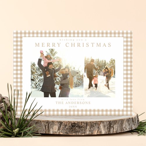 Beige Gingham Plaid Two Photo Holiday Card
